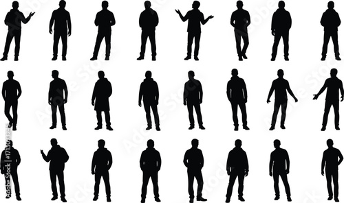 Silhouette collection of standing men in various poses, casual body language, black figure design, vector illustration on white background, modern concept