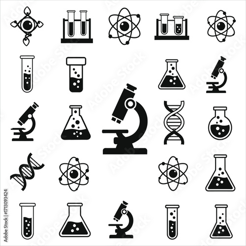 Diverse Collection of Monochrome Science Lab Equipment and Chemistry Research Icons Set