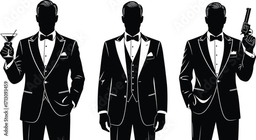 Silhouette illustration of elegant men in tuxedos, holding cocktail and gun, formal suit fashion, spy agent concept, black and white design