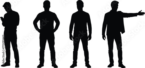 Silhouette illustration of four men standing in different poses, casual style, one using phone, pointing gesture, black figure vector design