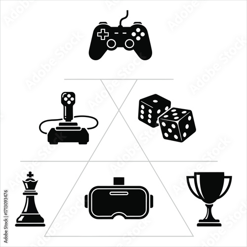 Collection of gaming icons representing evolution from classic board games to modern virtual reality