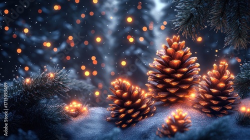 Magical Winter Night with Glowing Pinecones on Snowy Ground and Sparkling Bokeh Lights, Festive Christmas Holiday Scene with Frosted Evergreen Branches