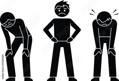 Silhouette illustration of tired and exhausted people, fatigue and stress concept, standing figures bending over with sad facial expressions