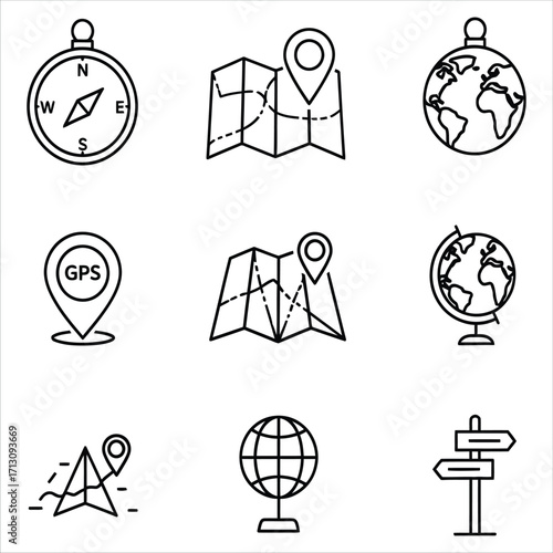 Navigation Icons Compass, Maps, GPS, Globe Symbols for Travel and Exploration