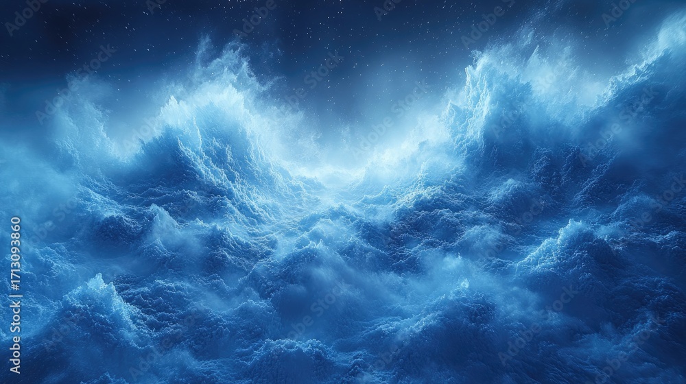 Fototapeta premium Dramatic Blue Ice Landscape with Swirling Clouds and Distant Stars, Evoking a Mystical Frozen World