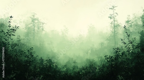 Fototapeta Naklejka Na Ścianę i Meble -  Ethereal Green Forest Landscape with Misty Light and Textured Foliage, Digital Painting