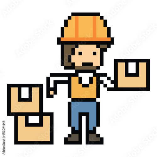 Cartoon pixel 8 bit character engineer man worker industry warehouse fix decoration 8 bit male boy male engineer storage game png vector.