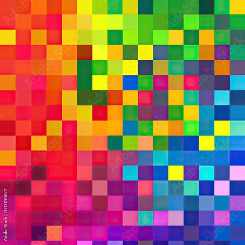 An abstract image composed of vibrant, multicolored squares creating a pixelated effect.  The colors blend seamlessly, transitioning from warm tones to cool hues