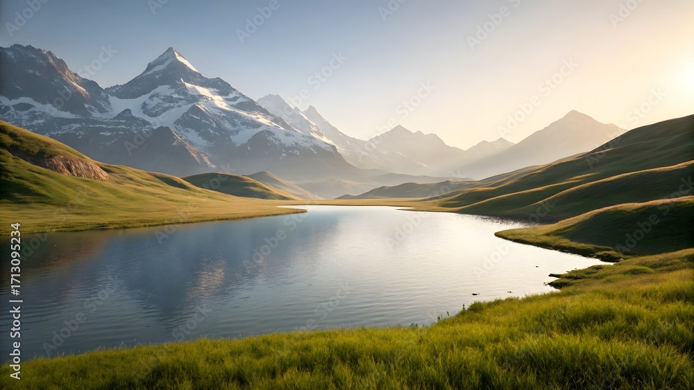 Fototapeta premium Peaceful Alpine Lake Surrounded by Grassy Hills and Snow-Capped Mountains at Sunset