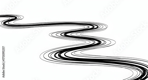 Dynamic black flowing lines create an abstract wavy water or river pattern on white background