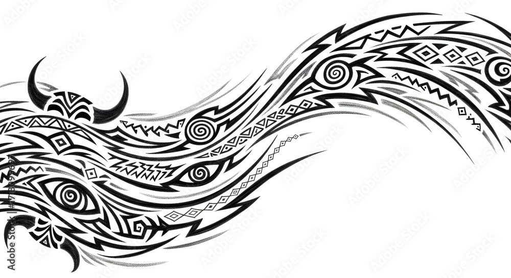 Fototapeta premium Bold tribal tattoo design with bull horns and watchful eyes, flowing with dynamic energy