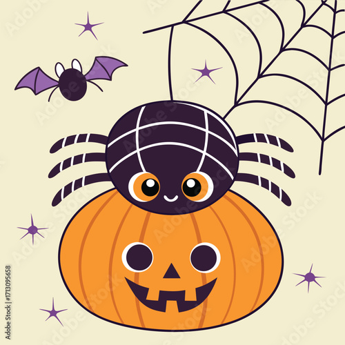 Cartoon spider sits happily on a smiling pumpkin near a cartoon bat and web