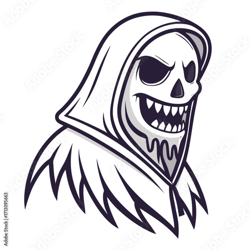 Cartoonish skullfaced reaper with jagged teeth wears a white hooded cloak against a transparent background