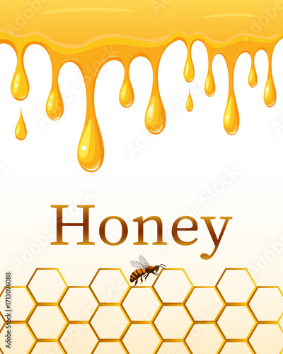 Illustration with drops of honey.Vector illustration with honey drips and honeycombs on a light background with text.