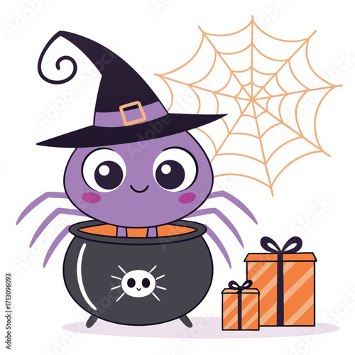 Happy spider wearing a witch hat celebrates Halloween next to gift boxes and a spiderweb, on transparent background