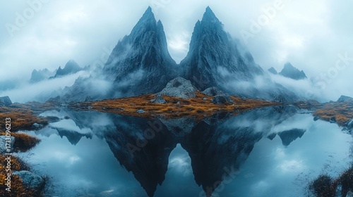 Dramatic Symmetrical Mountain Reflection in a Misty Lake with Autumnal Tundra Foreground