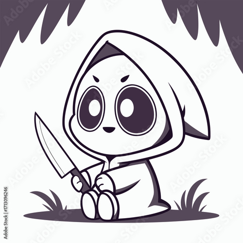 Monochrome cartoon character in cloak holds a knife while sitting in the grass