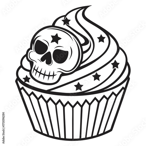 Outlined black cupcake features skull, star details, perfect for edgy, darkly humorous themes on transparent background