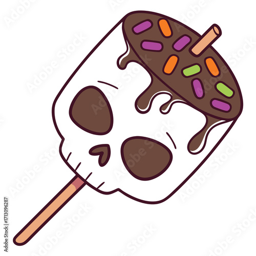 Skull shaped marshmallow candy with chocolate frosting and sprinkles rests on a wooden stick