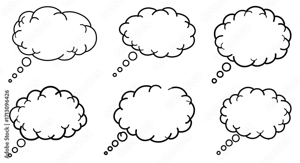 Fototapeta premium Six black and white cartoon thought bubbles in various shapes and sizes.