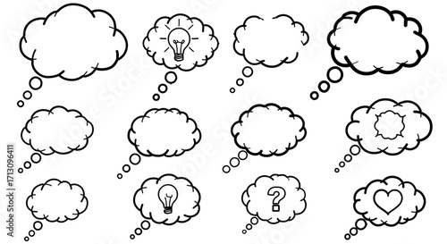 Collection of cartoon thought bubbles with various interior symbols.