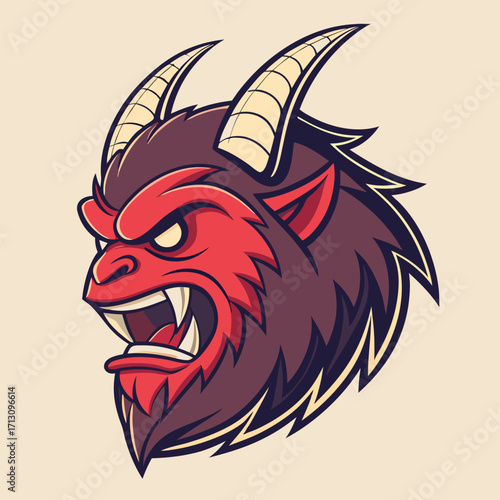 Angry red devil roars with fury showing off sharp teeth and horns