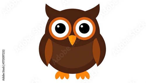 A simple, cartoon owl design features large, expressive orange eyes and a rich brown body.