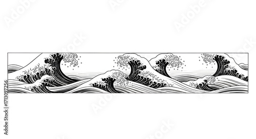 Dynamic Japanese wave art captivates with powerful, flowing lines and classic monochrome style