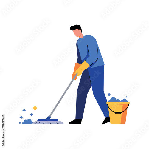 Cleaning action by a worker indoor setting illustration neat environment side view hygiene concept. Vector illustration