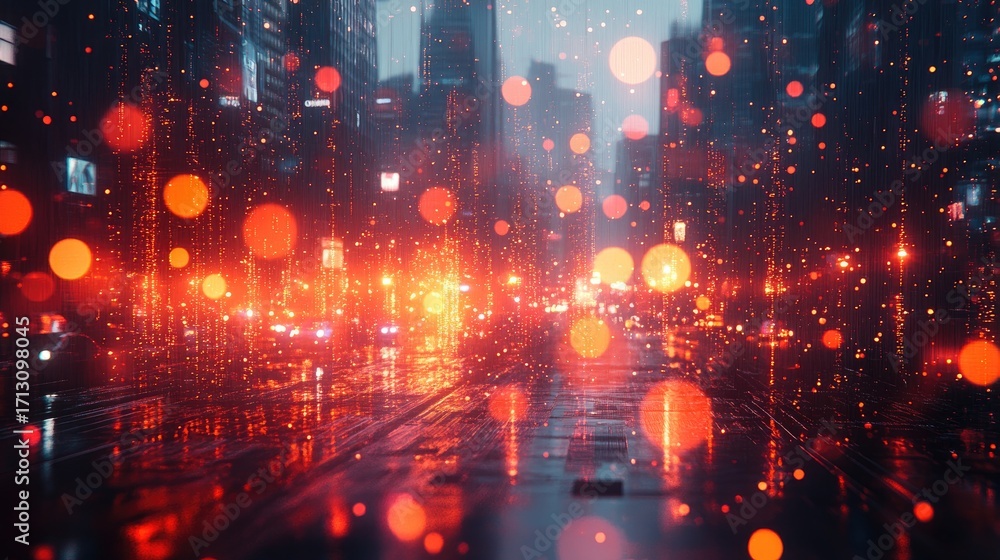 Obraz premium Futuristic Cityscape with Data Streams and Bokeh Lights