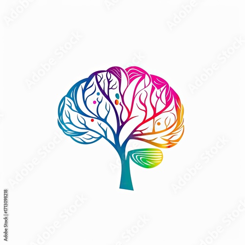 A vibrant, stylized brain shaped like a tree with colorful branches and leaves, set against a plain white background