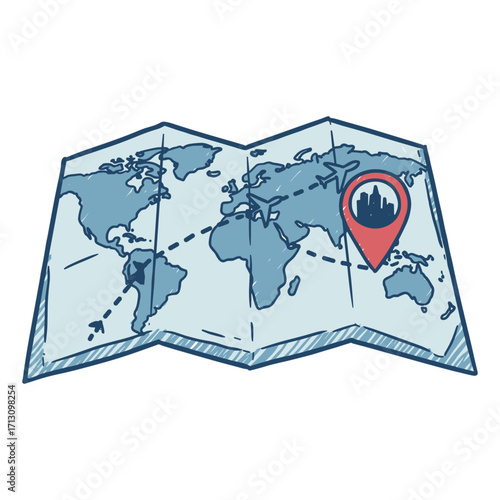Exploring global destinations travel map with landmarks and routes adventure planning creative environment aerial view. Vector illustration