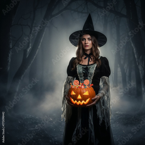 Halloween banner: a woman in a witch costume with a basket and a pumpkin in a gloomy night forest
