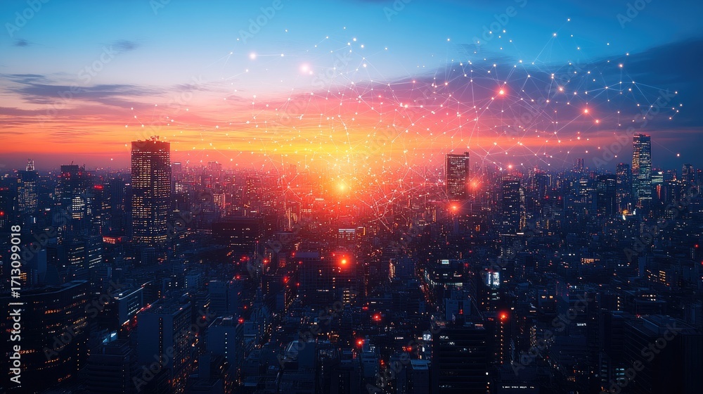 Fototapeta premium Modern Cityscape at Sunset with Network Connection Overlay