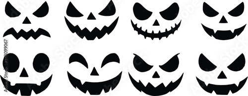 Halloween Pumpkin Faces Set with Scary Jack O Lantern Expressions, Creepy Horror Cartoon Clipart for Stickers, Patterns, Party Decoration Design
