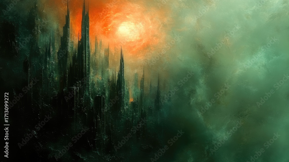 Naklejka premium Dark Fantasy Cityscape with Towering Structures under a Fiery, Ominous Sky