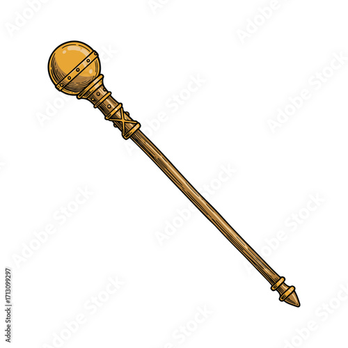 Medieval event with golden scepter fantasy realm graphic art digital environment dramatic viewpoint. Vector illustration