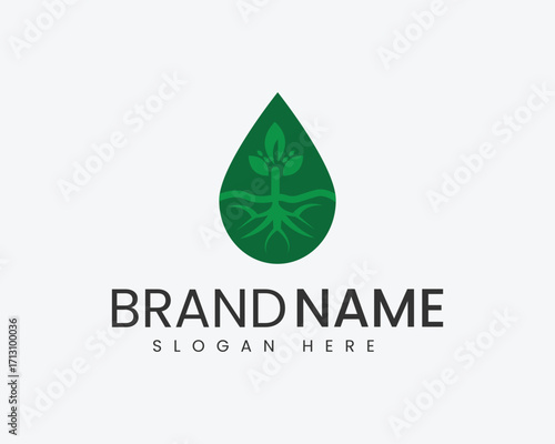 Green water drop logo with plant roots and leaves and text placeholder brand name slogan