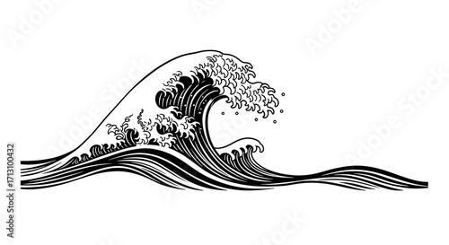 Dynamic black and white wave illustration captures the raw power of the ocean's cresting motion