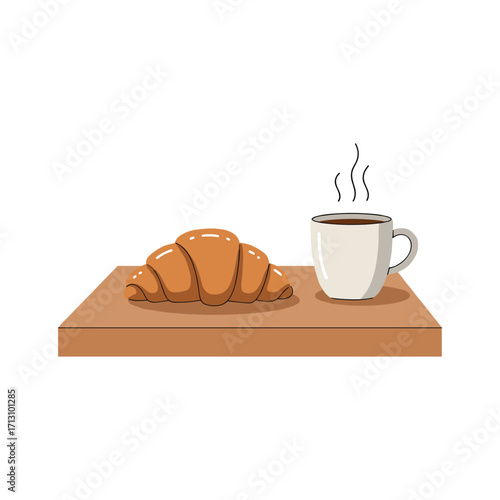 Delightful breakfast scene featuring coffee and croissant on wooden table cozy kitchen environment illustration. Vector illustration