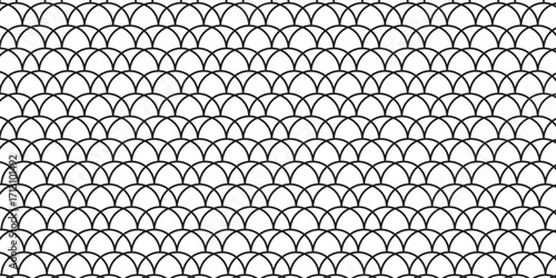 Fish scale wallpaper. Asian traditional ornament with repeated scallops. Repeated black curves on white background. Seamless surface pattern design with semicircles. Grid motif. Digital paper. Vector.