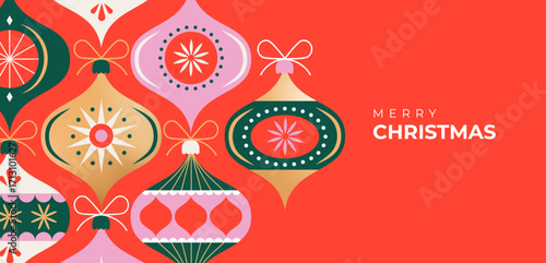 Colorful Christmas ornaments and vintage baubles. Banner background in modern minimalist geometric style.