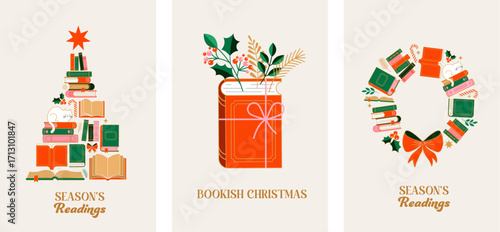 Christmas book fair posters and banners. Winter book sale vector illustrations.