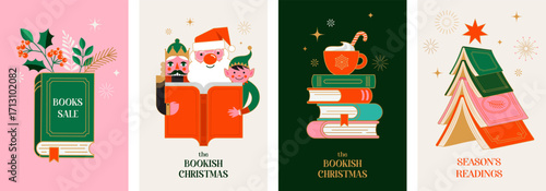 Christmas book fair posters and banners. Winter book sale vector illustrations.