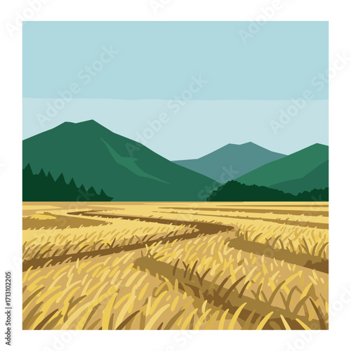 Golden wheat fields under blue skies mountainous landscape nature scene tranquil environment wide angle view. Vector illustration