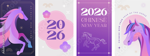 Chinese new year 2026 year of the Horse. Purple Horse illustrations with color gradient. Traditional Chinese vertical design for Lunar New Year