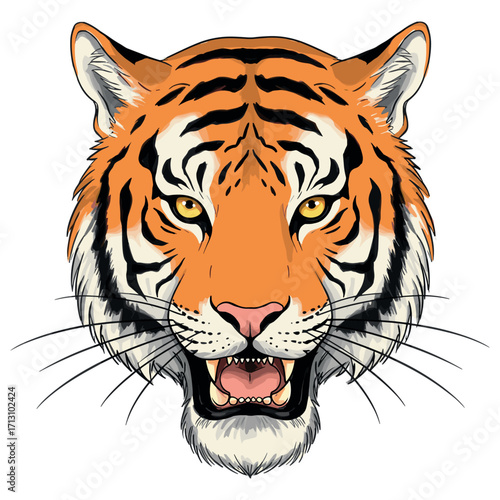 Fierce tiger portrait wildlife sanctuary digital art vibrant colors animal behavior. Vector illustration