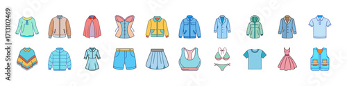 Colorful clothing icons set for fashion design, Collection of colorful clothing icons including jackets, shirts, dresses, and swimwear, perfect for fashion, shopping, or design projects.
