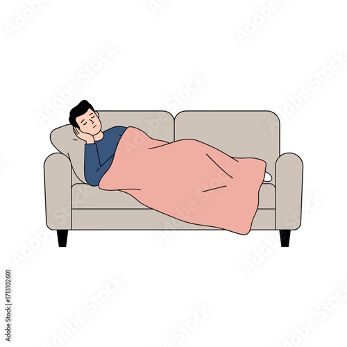 Relaxing man on couch under blanket cozy home setting lifestyle illustration comforting atmosphere peaceful viewpoint. Vector illustration