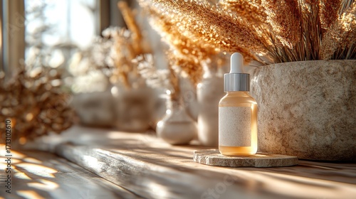 Sunlit Natural Serum Dropper Bottle on Stone Coaster, Surrounded by Golden Dried Grass and Wooden Textures in a Warm, Earthy Aesthetic